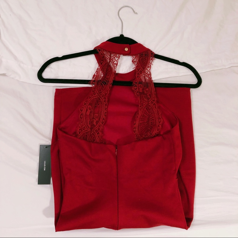 Lulu's red bodycon dress with lace back detail